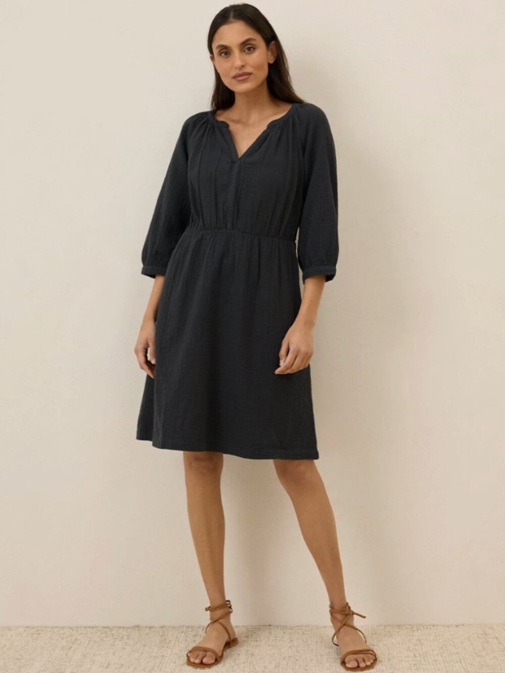 Pact Organic Coastal Double Gauze Peasant Dress Black